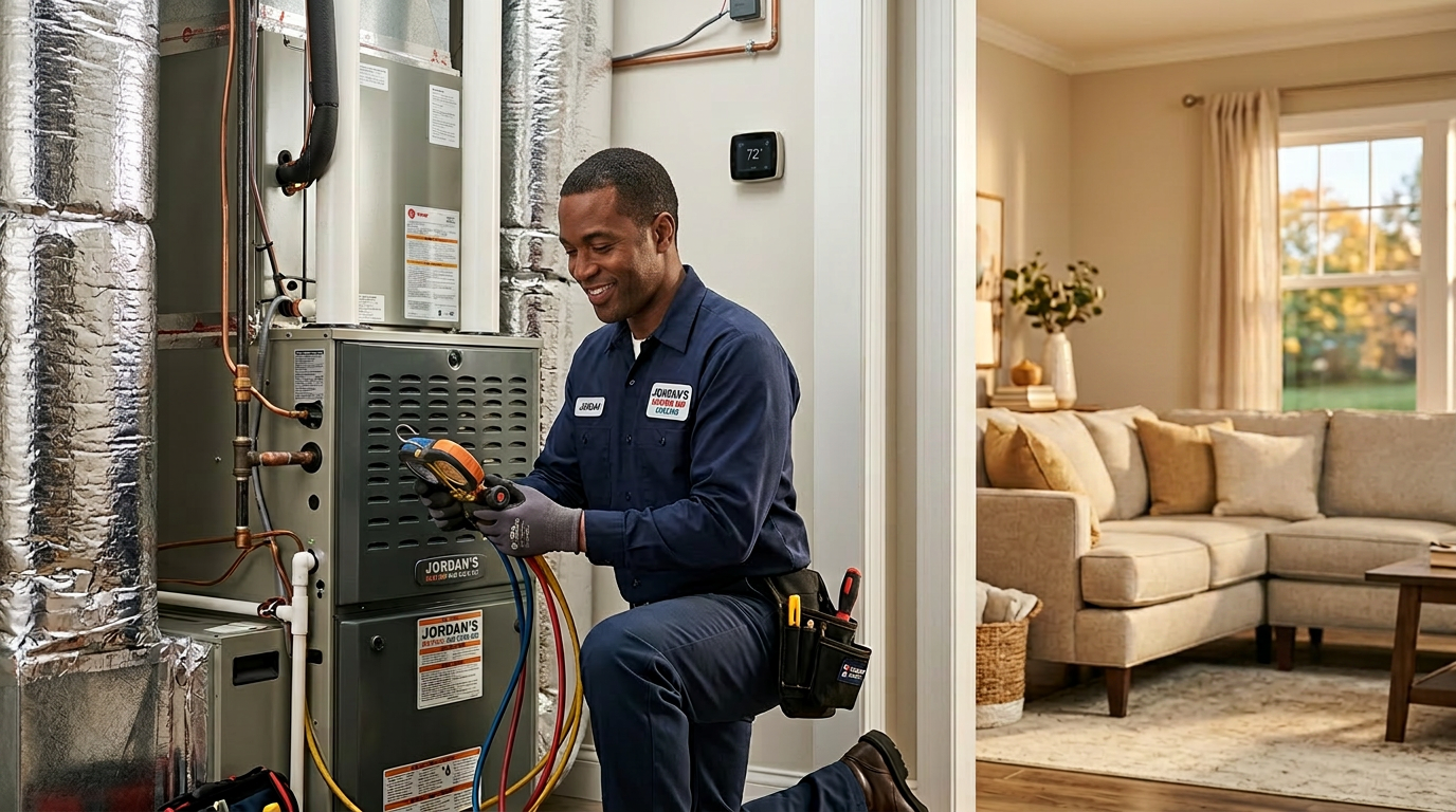 Jordan's Heating and Cooling HVAC technician servicing a unit in Hampton Roads